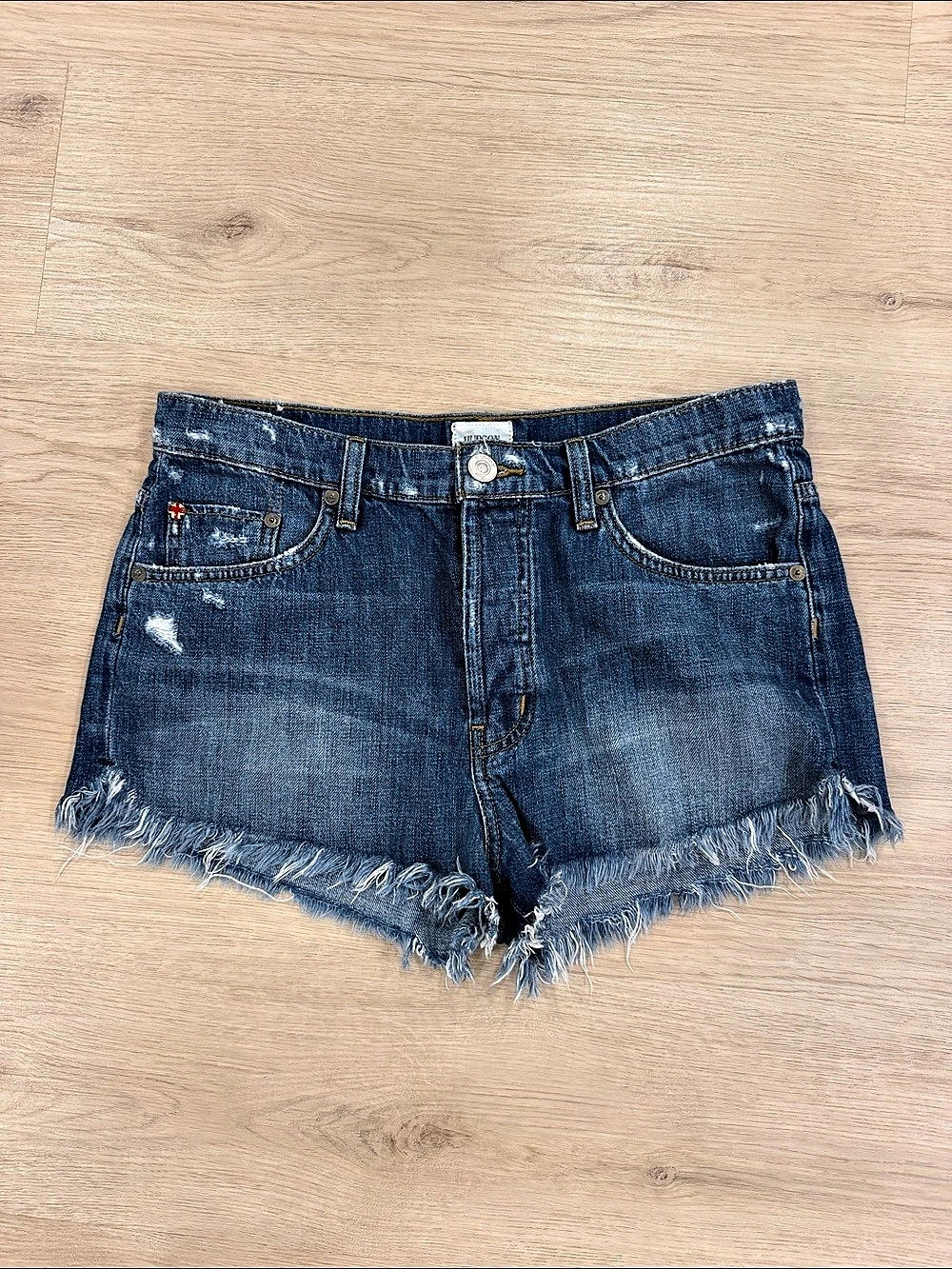 Hudson Cara Classic Cut-Off Denim Shorts Distressed Denim Jean Shorts in Blue